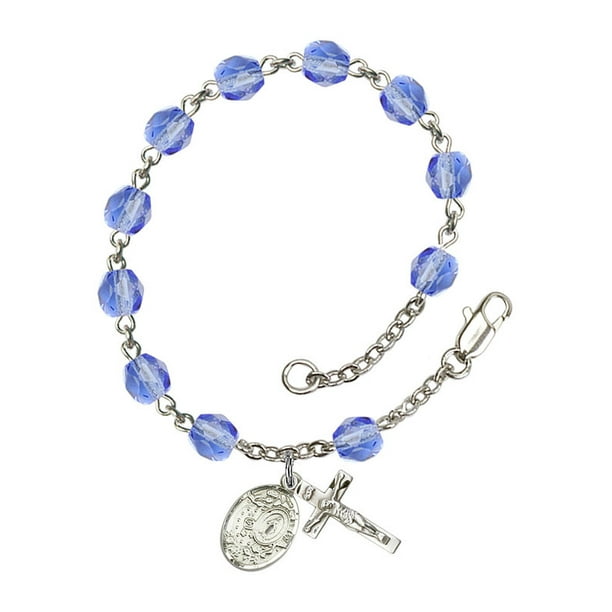18-Inch Rhodium Plated Necklace with 6mm Light Rose Birthstone Beads and Sterling Silver Saint Bernadette Charm. 18-Inch Rhodium Plated Necklace with 6mm Light Rose Birthstone Beads and Sterling Silver Saint Bernadette Charm.